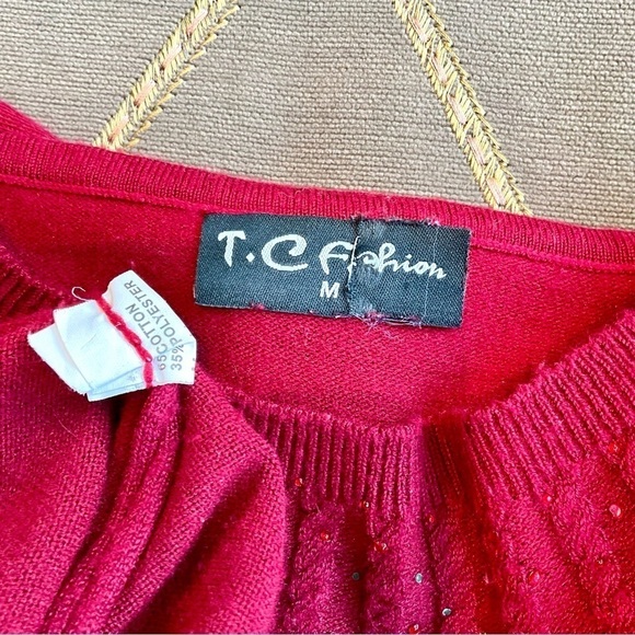 Vintage Sweater Beaded Red Cotton Tiny Sequins & Silver Balls (M) - Picture 6 of 8